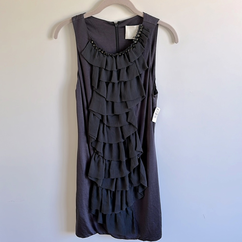 NWT Phillip Lim Scoop Neck Mini Dress Gray Ruffle Crystal Accents Sleeveless - Picture 2 of 8